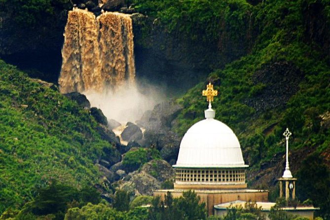 Debre Libanos Monastery with waterfall and Ethiopian highlands